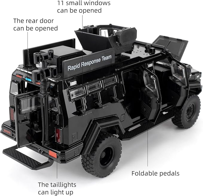 Compatible for 1:24 Saber-Toothed Tiger Alloy Armored Car Model, Collectible Diecast Armoured Explosive Protected Vehicle Toy, Pull Back Toy Car with Sound and Light for Adult Kids (Black)