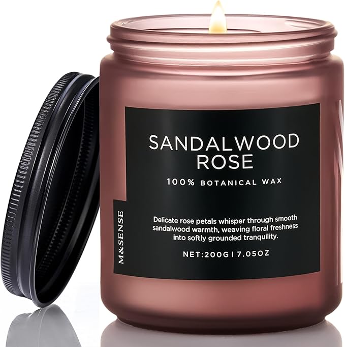 M&SENSE Sandalwood Rose Scented Candle 7.05oz 50 Hours Long Lasting Burn Natural Soy Wax Strong Scented Candle for Home, 2 Wick Home Fragrance Slow Burning Housewarming Gifts for Men Women
