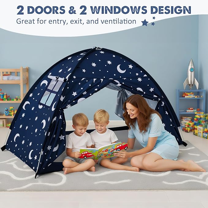 Twin Bed Tent for Kids, Twin Size Bed Canopy with Star Lights, Privacy Space Blackout Sleeping Tents, Indoor Breathable Portable Floor Bed Tent for Boys and Girls, Dark Moon & Stars