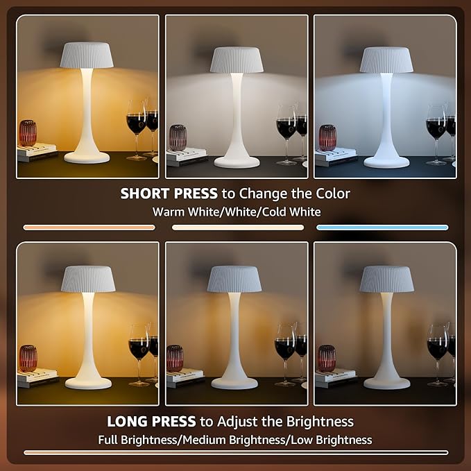 uuffoo Rechargeable Table Lamp, Outdoor Table lamp Cordless with Stepless Dimming & 3 Color Temperatures, Battery Operated Night Light for Patio, Bar, Restaurant, Home, Bedroom, Dining (White)