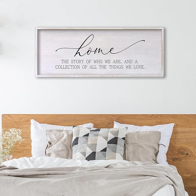 Home The Story of Who We Are Sign Farmhouse Family Wall Decor 32x12 Inch Plaque Wood Framed Art for Hanging (White)