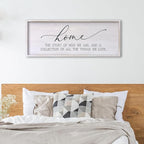 Home The Story of Who We Are Sign Farmhouse Family Wall Decor 32x12 Inch Plaque Wood Framed Art for Hanging (White)