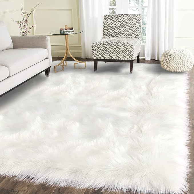 Latepis White Faux Fur Rug 8x10, Faux Fur Sheepskin Rug for Living Room, Fluffy Washable Fuzzy Rugs Carpet for Bedroom, Luxury Room Decor, Rectangle