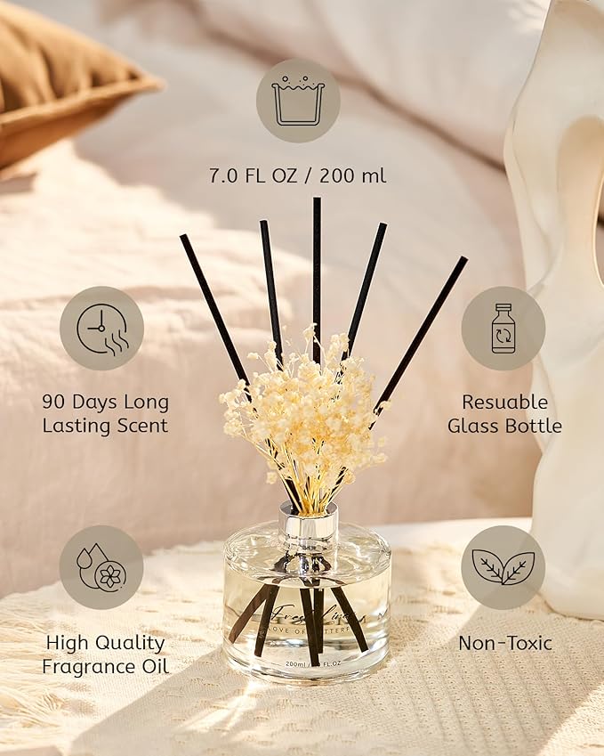 M&SENSE Reed Diffuser Set with 7 Sticks | 7.0oz Fresh Linen & Lemon Scent, Home Fragrance Flame Free Diffuser for Housewarming Gifts, Long Lasting Room Fresheners Shelf Décor with Flower