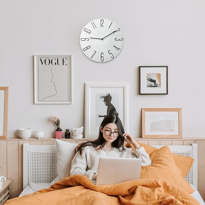 Wall Clock, Silent Clock, Wall Clocks Battery Operated， 12 inch Modern Wall Clock, Suitable for Offices, Living Rooms, Kitchens, Homes, Schools (White Without Second Hand)