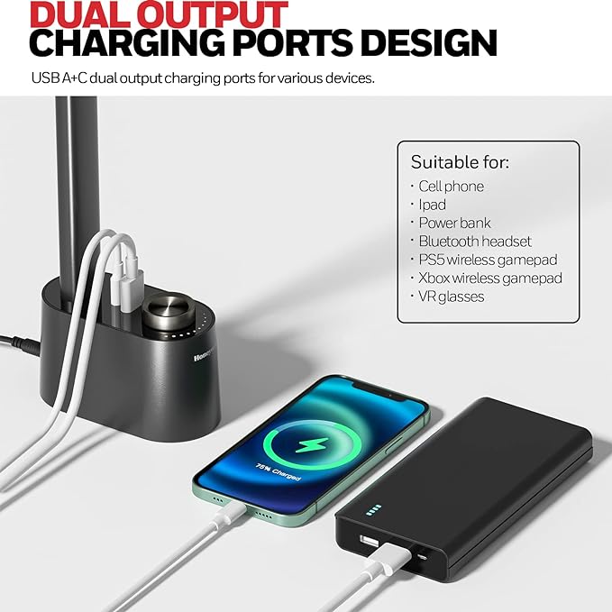 Honeywell Sunturalux™ LED Desk Lamp with USB Charging Ports HWT-H01 - Stepless Dimmable Eye Caring Desk Light for Home Office Bedroom Bedside College Dorm, Foldable Table Lamp Reading Lamp Black