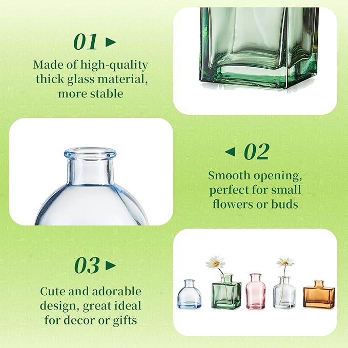 Small Glass Bud Vases for Centerpieces - Hewory 20pcs Colored Sturdy Cute Flower Vases Bulk, Mini Bottle Vase for Wedding Home Decor Birthday Party Events Mother's Day Bridal Shower Gifts Table Decor