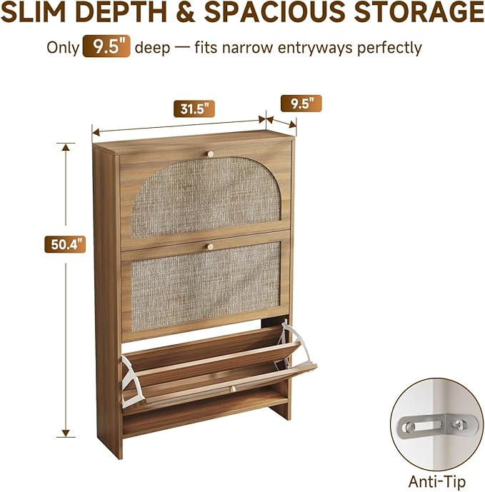 Nicetree Freestanding Ultra Slim Fluted Accent Shoe Storage Cabinet for Entryway - 3 Flip Drawers & 3-Tier Adjustable Shelves, Farmhouse Modern Rustic Shoe Rack for Hallway, Foyer
