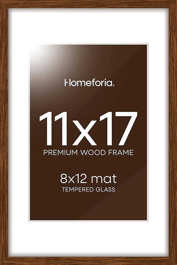 Homeforia 11x17 Brown Picture Frame, High End Dark Oak 11x17 Poster Wood Frame with Mat 8x12 Print, 11 x 17 Wooden Walnut Frame Matted to 8 x 12 Photo, 17x11 Frames, Tempered Glass, Wall Kit, Set of 1