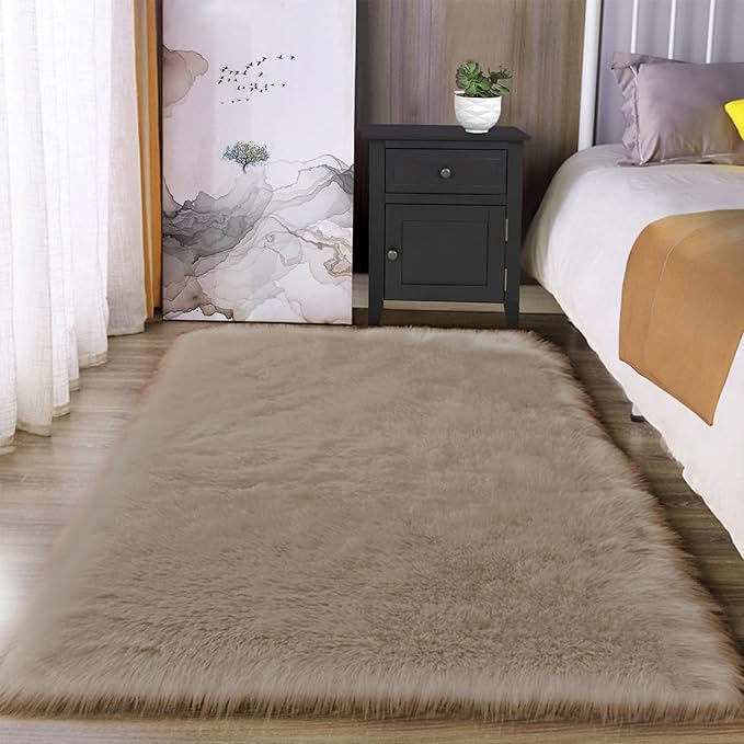 Latepis Washable 3x4 Light Brown Sheepskin Fluffy Shag Plush Faux Fur Rug for Living Room Bedroom Dorm Room Throw Rectangle