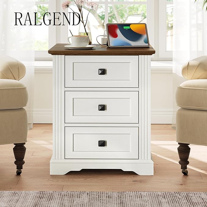 Nightstand with 3 Drawers, 18 Inch Wide End Table with Charging Station, Farmhouse Bedside Table, Side Table for Bedroom, Study, White and Walnut