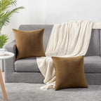 Throw Pillow Cases 20x20 Golden Brown: 2 Pack Cozy Soft Velvet Square Decorative Pillow Covers for Farmhouse Home Decor