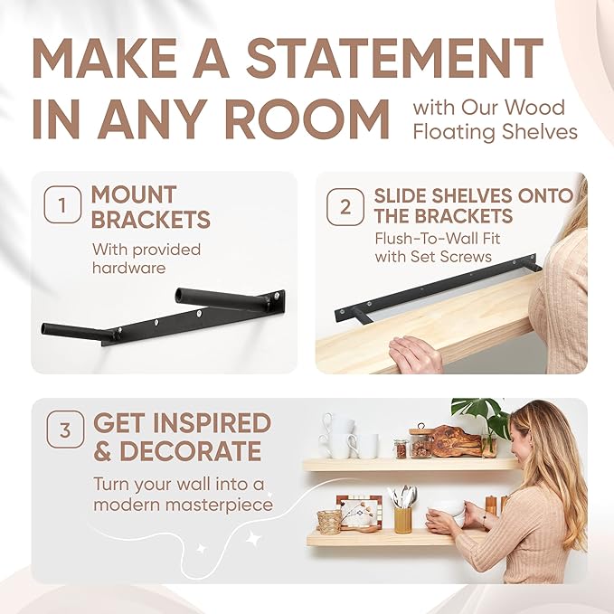 Homeforia 30 inch Natural Floating Shelf, High End Solid Real Wood 30inch Small Floating Shelves for Wall Mounted, Natural Wooden Floating Shelves, Heavy Duty Bracket, 30 X 6.5 X 1.75 in, Set of 4