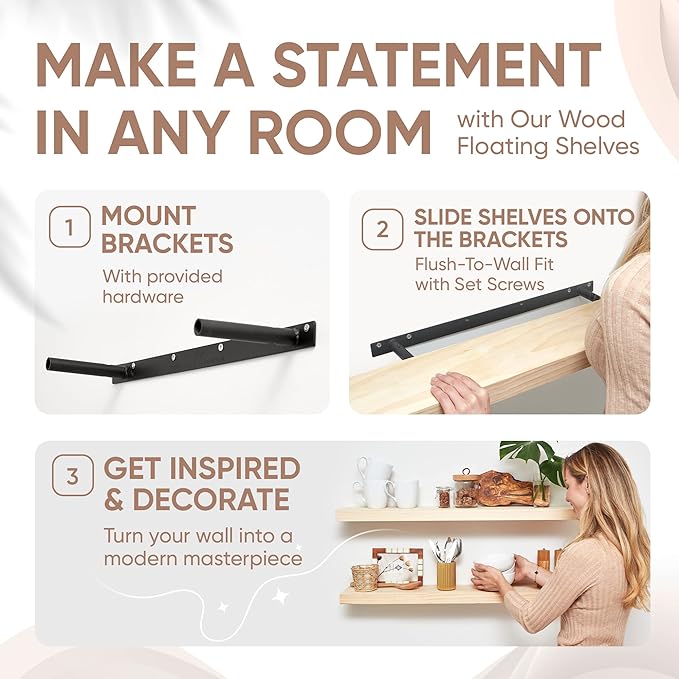 Homeforia 36 inch Wood Floating Shelves, High End Solid Natural Wood 36inch Large Floating Shelf Bathroom, Unfinished Wooden Floating Shelves for Wall, Heavy Duty Bracket, 36 X 6.5 X 1.75 in, Set of 4