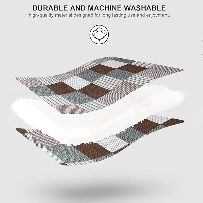 PANGUSHAN 100% Cotton Quilt Set King Size, Patchwork Plaid King Quilt Bedding Set Bedspreads, Farmhouse Lightweight Comforter Reversible Quilt, Brown/Green Bed Spread for King Bed, 3 Pieces