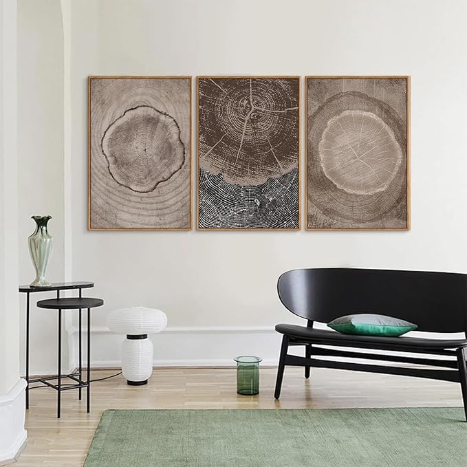 SIGNINART Beige Tree Ring Framed Canvas Wall Art Set, Abstract Black and White Rustic Wood Wall Decor, Neutral Wood Stump Artwork, Modern Art Prints for Bedroom Living Room Office 16"x24"x3