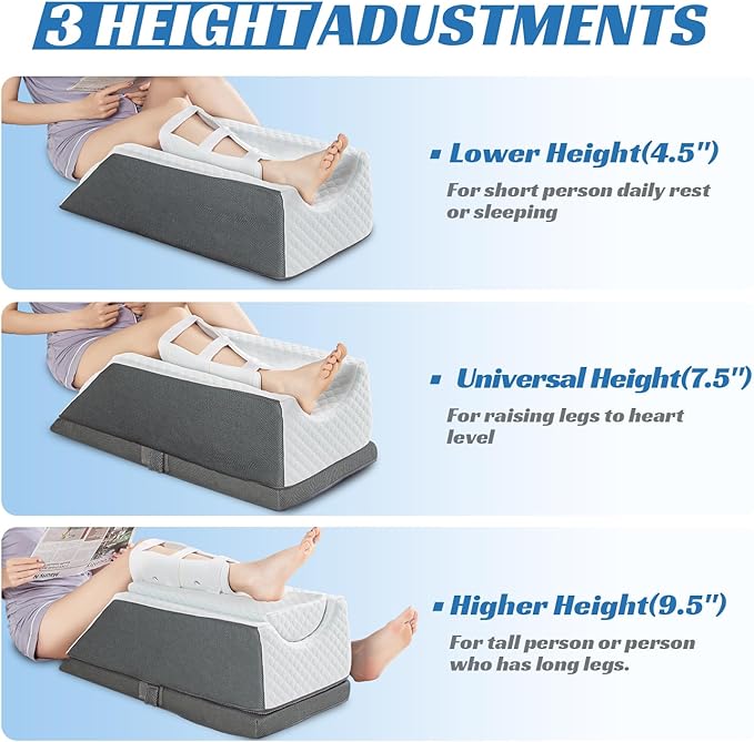 GOHOME Adjustable Leg Elevation Pillow for Post-Surgery, Knee and Ankle Injuries, Swelling, 3-Height Adjustable Memory Foam Leg Pillow with Dual Handles, Removable & Washable Cover