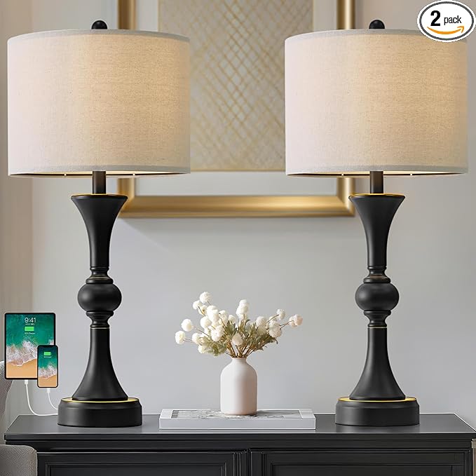 Oneach 28" Modern Table Lamps Set of 2 for Living Room, Bedside Lamps with USB Ports, Black Nightstand Lamps Set for Bedroom Farmhouse Lamp End Table Lamps (Bulbs not Included)