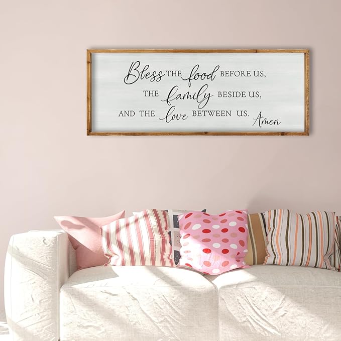 ZZJJHYWGQ Bless The Food Before Us Wall Decor Kitchen Christian Blessing Sign 32"×12" Christian Grateful Family Quote Farmhouse Dining Room Large Catholic Wooden Frame Wall Hanging Art (Wood)
