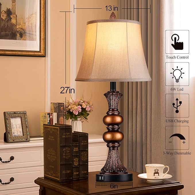 Set of 2 Touch Control Traditional Table Lamp, 27" H Bedside Lamps with 2 USB Charging Ports, 3-Way Dimmable Bronze Finish Large Nightstand Lamps with Bell Faux Silk Shade for Living Room, Bedroom