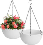 13 inch Hanging Planters for Indoor Plants, 2 Pack Planters for Outdoor Plants with Drainage Holes and Chain, Round Plastic Hanging Baskets, Hanging Flower Pots for Balcony Garden Decor-White
