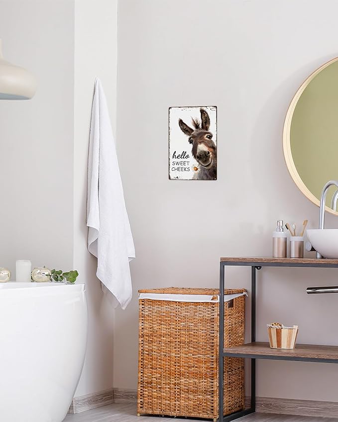 ALKB Western Bathroom Decor Vintage Donkey Gift - Funny Bathroom Restroom Toilet Decoration - Hello Sweet Cheeks Metal Sign 8x12 Inch