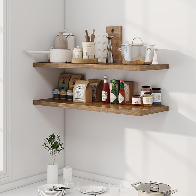 Dreamland 40" Floating Shelves for Wall, 12" Deep Slim Walnut Floating Shelves, Wall-Mounted Shelves for Bedroom, Living Room, Kitchen, Bathroom - Set of 2