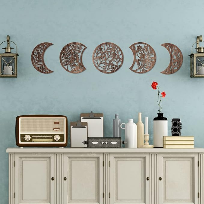 Jetec 5 Pcs Moon Phase Wall Art Decor Wall Pediments Hanging Wooden Moon Phase Spiritual Bedroom Nordic Boho Lunar Aesthetic Art for Living Room Dorm Apartment Bar Ornament(Brown,10.6 Inch)