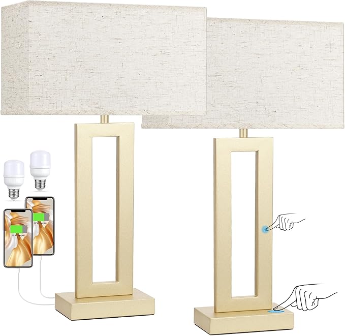 Seealle 22" Tall Bedroom Lamps for Living Room - Touch Gold Bedside Lamps with USB C+A, 3 Way Dimmable Lamp for Nightstand, Modern Night Stands Lamps for End Tables(Beige&Gold)