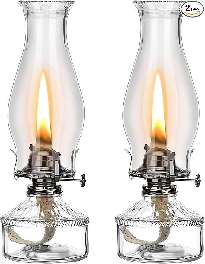 Tuanse 2 Pcs Oil Lamps for Indoor Use Vintage Hurricane Emergency Glass Oil Lamps Large Lantern Classic Decorative Oil Lamp for Home Tabletop Emergency Lighting Supplies (Clear, Black)