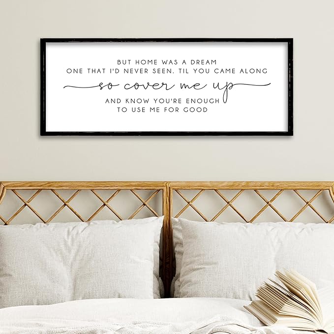 ZZJJHYWGQ Romantic Quote Wall Art So Cover Me Up Sign 32"×12" Inspirational Home Was A Dream Decor Rustic Large Wood Framed Print for Bedroom Living Room Couples Motivational Wall Hanging (Black)