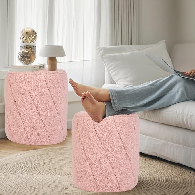 Modern Round Ottoman, Spiral-Tufted Foot Stool Ottoman, Teddy Fleece Upholstered Vanity Stool for Makeup, Bedroom, Living Room, Pink