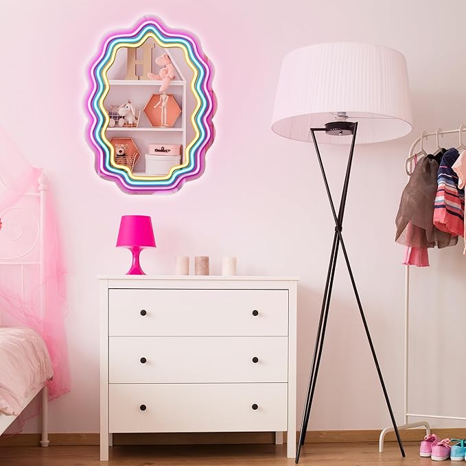 Kavaas Wavy Neon Mirror 16.9" x 12.7", LED Wave Mirror with Lights for Bedroom, Girls Room - Best Gifts for Teen Girls, Birthday, Christmas
