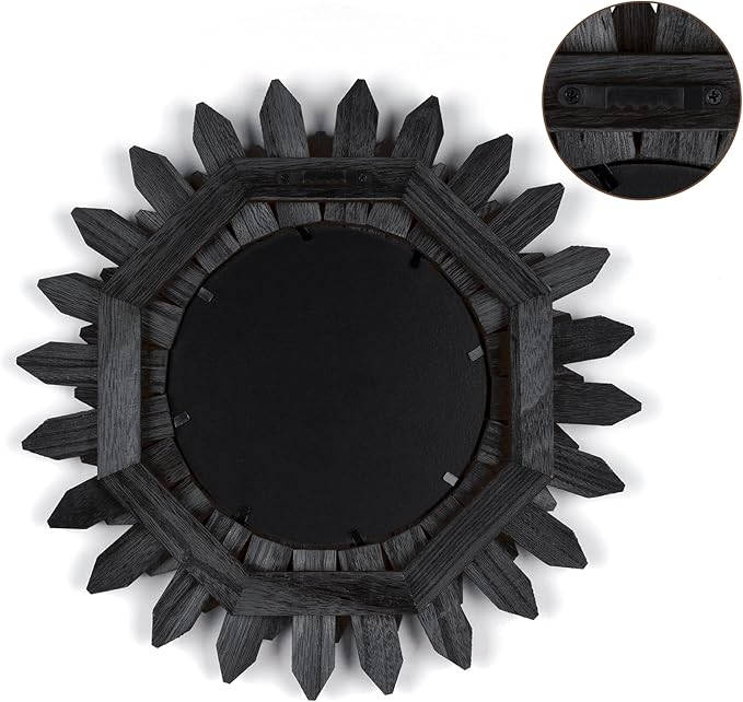Honiway Black Wall Decor Wall Mirror 12 inch Boho Wall Decor Wood Decorative Mirror for Room Decor Home Decor for Bedroom Living Room Bathroom Kitchen Black
