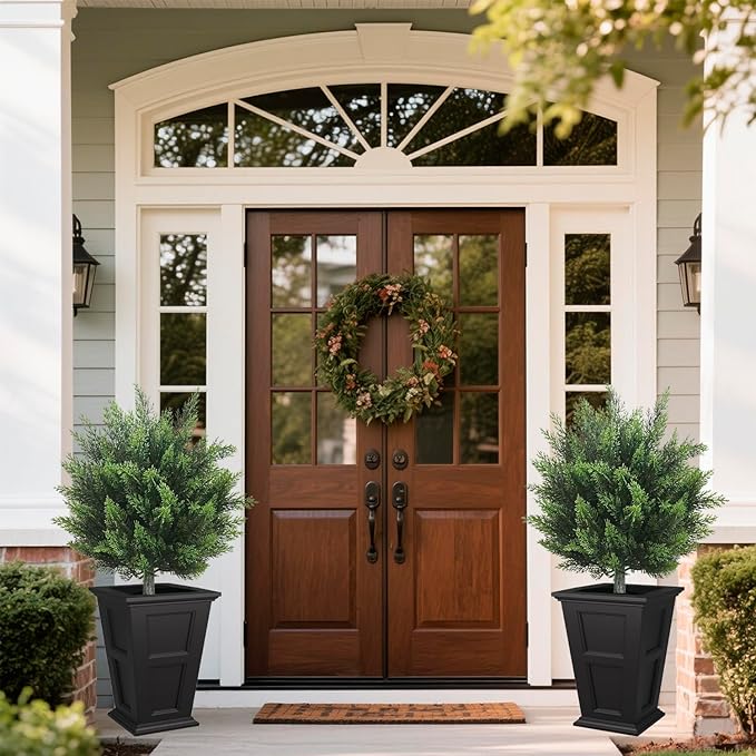 Artificial Topiary Cedar Tree 28 inch Faux Little Bush Cedar Tree UV Resistant Shrub Potted Artificial Plant for Outdoor Indoor Front Porch Garden (2 Pack)