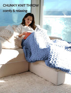 YnM Chunky Throw Blanket, Medium-Weight, Hand Knitted with Chenille Yarn, Skin Friendly, Ventilated and Breathable, Machine Washable, Home Décor Piece for Couch Sofa and Bed (Chambray Blue 80x87 Inch)