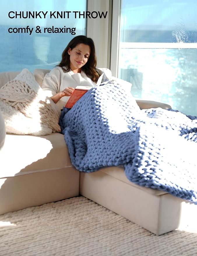 YnM Chunky Throw Blanket, Medium-Weight, Hand Knitted with Chenille Yarn, Skin Friendly, Ventilated and Breathable, Machine Washable, Home Décor Piece for Couch Sofa and Bed (Chambray Blue 30x40 Inch)