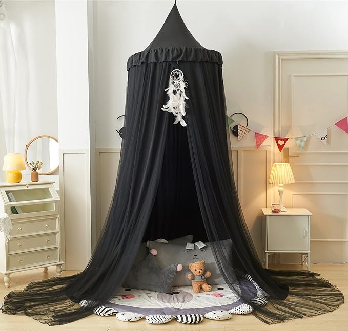 Bed Canopy for Girls,Princess Round Dome Dreamy Mosquito Net Bedding Girls Room Castle Play Tent Hanging House Decor Reading Nook Canopies (Black/Black)