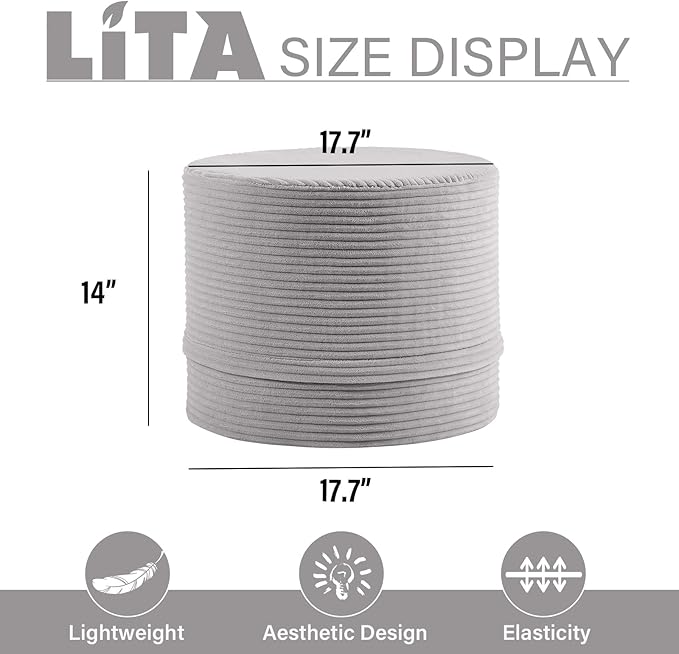 LITA Round Stuffed Pouf Ottoman, Velvet Poufs with High-Density Foam Filling and Washable Cover, Furry and Fluffy Bean Bag Foot Stools Ottoman for Living Room, Bedroom, Office, Grey