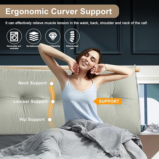 Large Triangular Headboard Pillows Long Backrest Positioning Support Bolster Cushion for Daybed Fluffy Quality Plush Body Wedge Pillow with Removable Cover(Dark grey-24x8x20in)