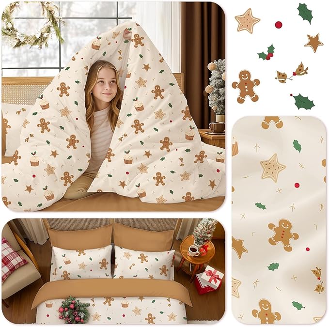 Christmas Comforter Set Queen Size, Christmas Bed Set with Gingerbread Beige Bedding Set for Holiday, 3 Pieces 1 Super Soft Comforter and 2 Pillowcase