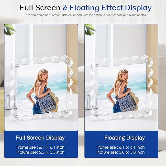Acrylic Picture Frames. 5×5inch 6Pack - Double-Sided Scalloped Photo Frame, 20mm Ultra-Clear Block, Modern Desktop Display for Home/Office Decor (6 Pack, 5X5)