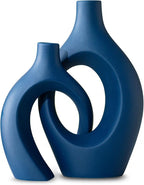 Levvohd Snuggle Hollow Ceramic Vase Set of 2, 11 inch Modern Nordic Coastal Shaped Pampas Grass Aesthetic Decorative Table Vases for Living Room Shelf Home Decor (Matte Navy Blue -L)