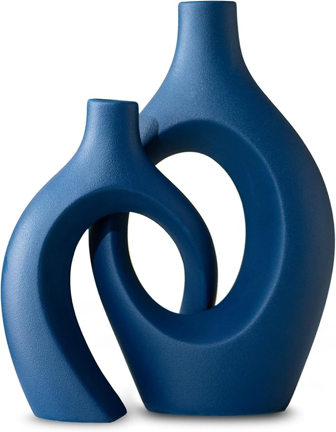 Levvohd Snuggle Hollow Ceramic Vase Set of 2, 11 inch Modern Nordic Coastal Shaped Pampas Grass Aesthetic Decorative Table Vases for Living Room Shelf Home Decor (Matte Navy Blue -L)