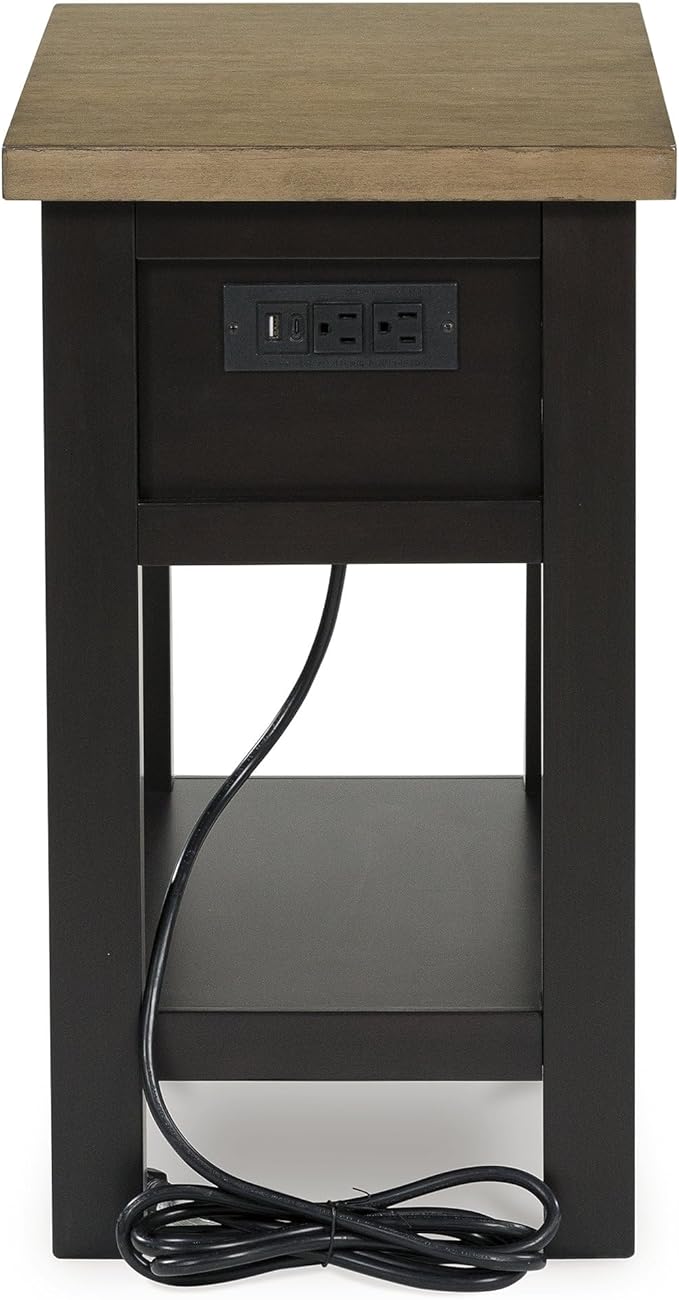 Signature Design by Ashley Drazmine Casual 1 Drawer Chair Side End Table with USB Charging Ports, 1 Lower Shelf and Power Cord, Light Brown & Black