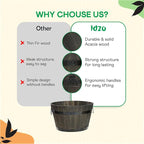 IDZO Set of 3 Wooden Flower Planters for Outdoor Plants, Acacia Wood Barrel Planters, Ergonomic Handles, Drainage Holes, Various Sizes, Black