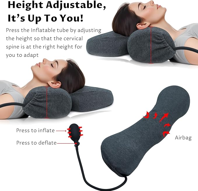 Cervical Neck Pillow Adjustable Memory Foam Pillows with Inflatable Tube, Ergonomic Contour Neck Pillow for Neck Pain Relief,Support Pillow for Side Back Stomach Sleeper