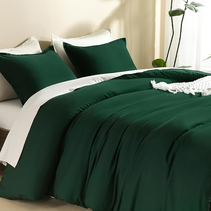 Litanika Dark Emerald Green Full Comforter Set, 3 Pieces Solid Forest Bedding Set, All Season Fluffy Bed Set (79x90In Comforter & 2 Pillowcases)