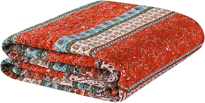 Cozyholy Boho Quilt Twin Size 100% Cotton Quilted Blanket Colorful Bohemian Striped Bedspread Coverlet Reversible Lightweight Stitch Vintage Bed Cover Throw Blanket for Couch Sofa Orange
