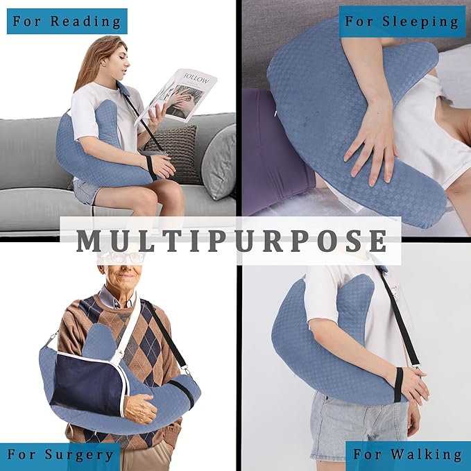 Shoulder Surgery Pillow, Rotator Cuff Pillow for Side Sleeper, Shoulder Pain Relief Removable with Shoulder Strap Support Arm Pillow for Side Sleep and Post Surgery (Light Blue)